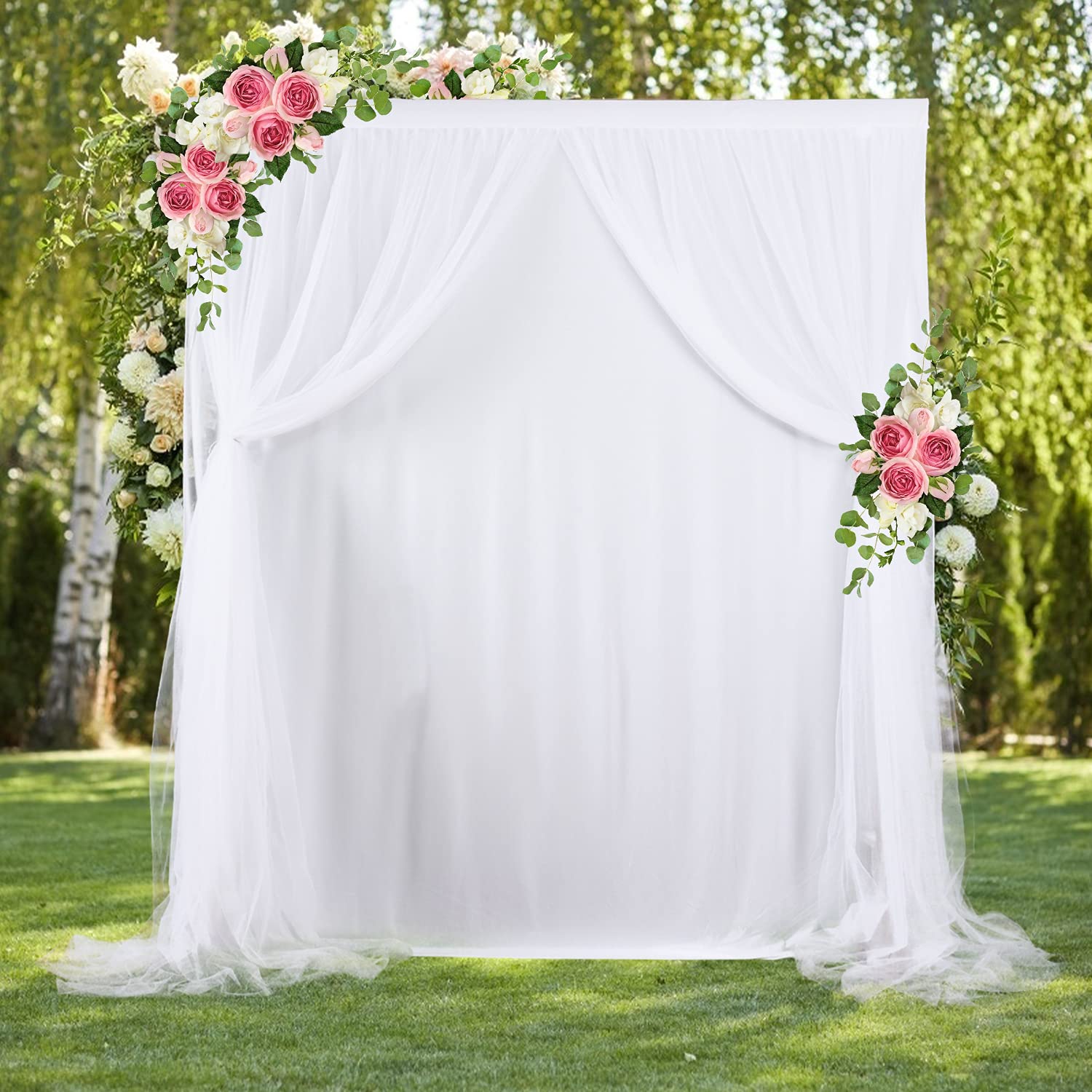 Amazon ホワイトチュール背景幕カーテン 結婚式 ベビーシャワー パーティー用背景ドレープシアーカーテン 写真撮影 ブライダルステージ ビデオ用 5フィート x 7フィート leegleri バックペーパー・背景布
