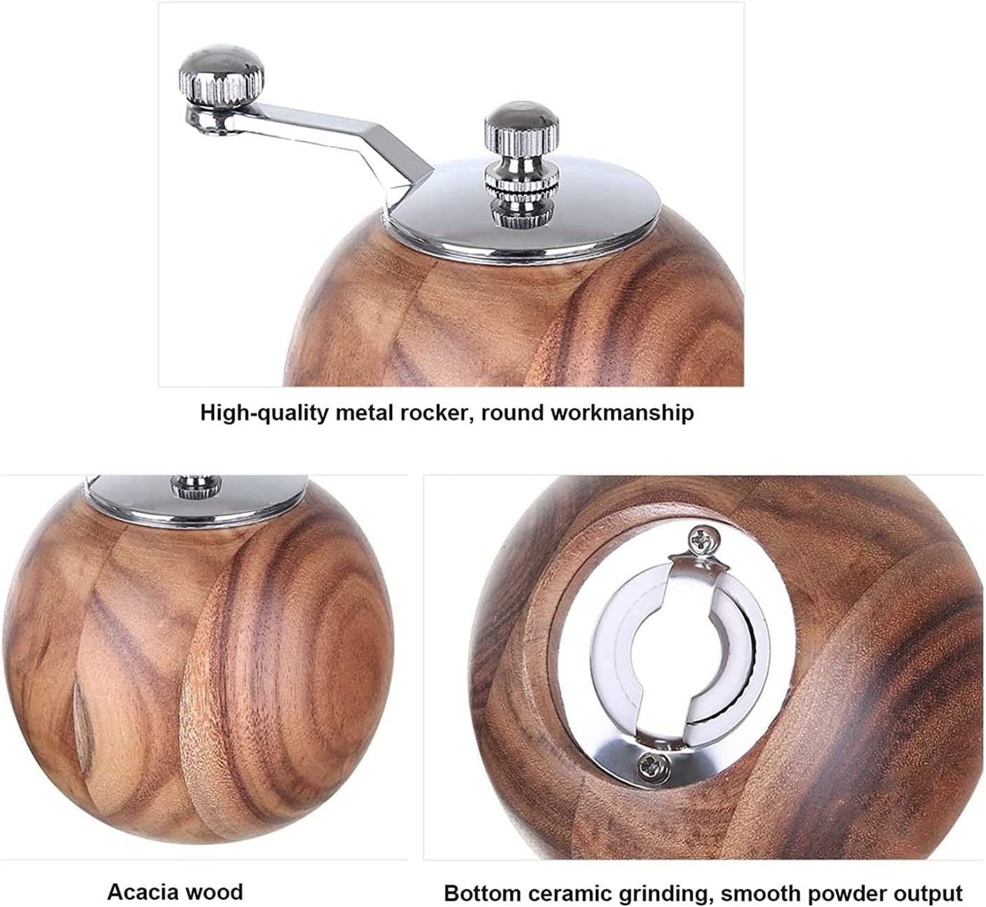 ソルトアンドペッパーグラインダー ラウンド木製ソルトペッパーグラインダー 調節可能なクランク スパイスミル ホーム&amp;キッチン