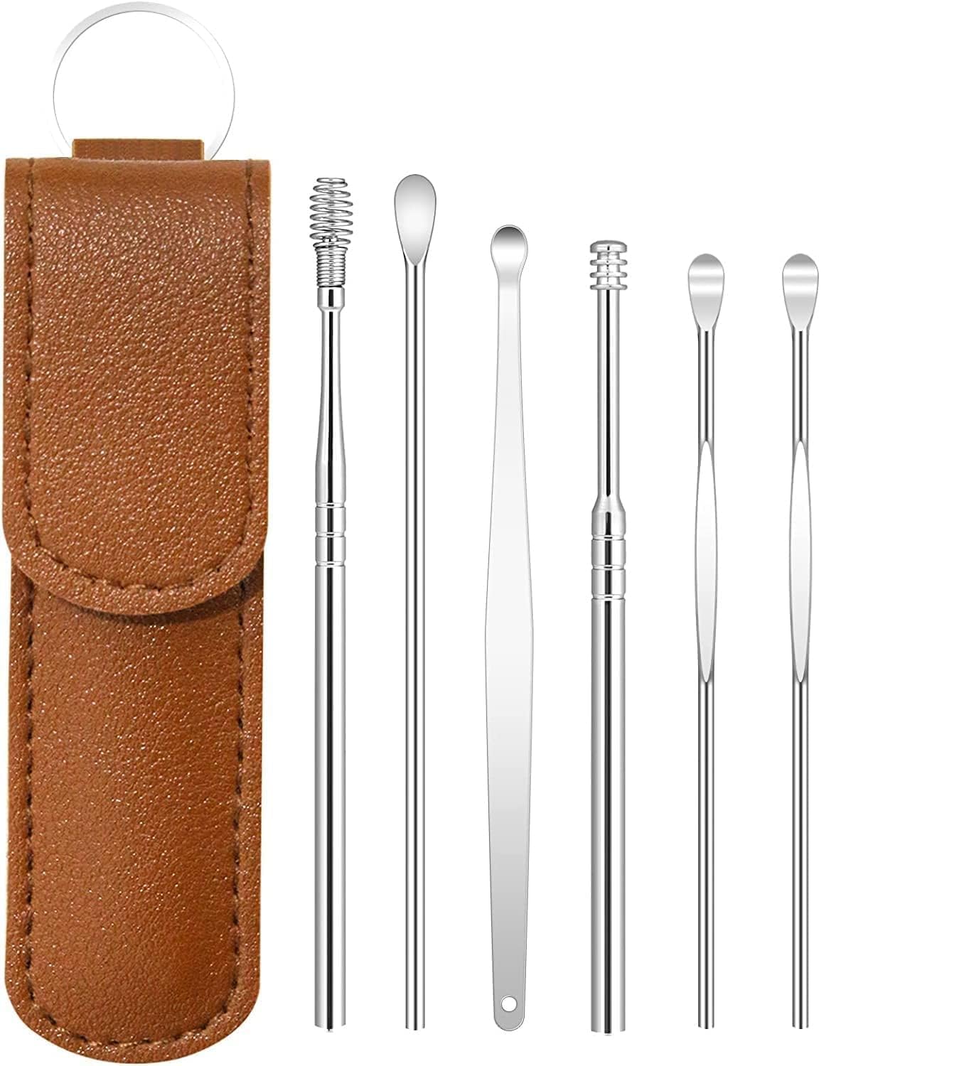 QNAM Resuable Ear Cleaner Tool Set with Storage Leather Pouch | Ear Wax Remover Tool Kit with Stainless Steel Ear Curette Cleaner and Spring Ear Buds Cleaner | Painless Ear Pick - 6 (Brown)-image-27