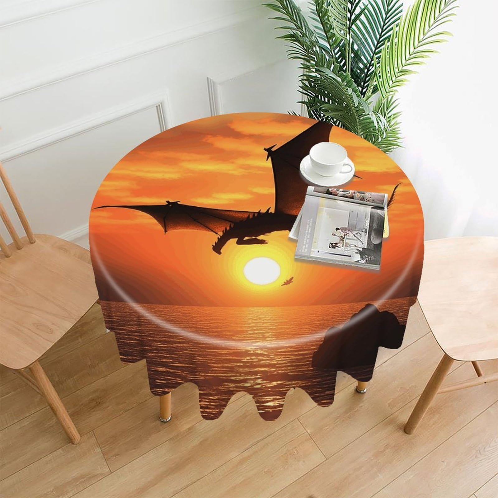 FodPand Sea Sunset Flying Dragon Round Tablecloth - 60 Inch Premium Polyester Table Cloth, Fashion Wrinkle Resistant Decorative Table Cover for Dining Kitchen Party Buffet Tables