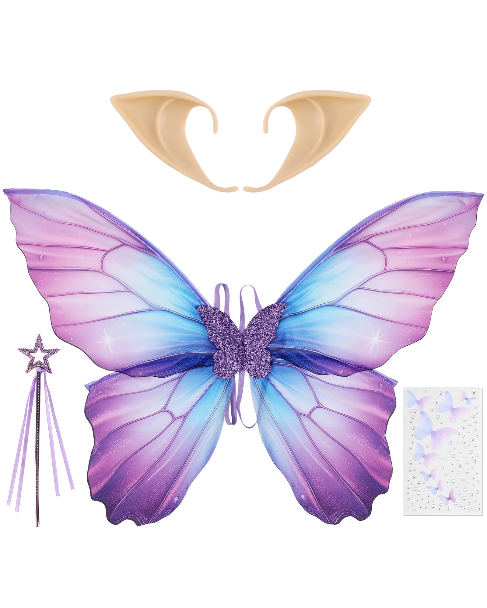 PartyforU 4 Pcs Purple Fairy Costumes for Women, Fairy Wings Elf Ears Fairy Wand Butterfly Temporary Tattoos, Halloween Renaissance Party Accessories