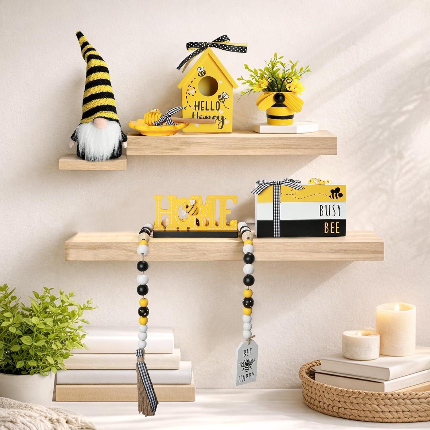 Spring Decorations 8 Pcs Bee Tiered Tray Decor Set, Summer Bumble Bee Décor for Kitchen Shelf Mantel Farmhouse Tabletop Spring Summer Decorations for Home Office Indoor Beehive Gnome Decorative Bundle