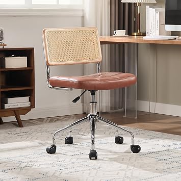 Rattan Armless Home Office Chair, Mid Century Modern Adjustable Swivel Desk Chair with Cane Back and Wheels, Faux Leather Upholstered Computer Task Chairs, Brown