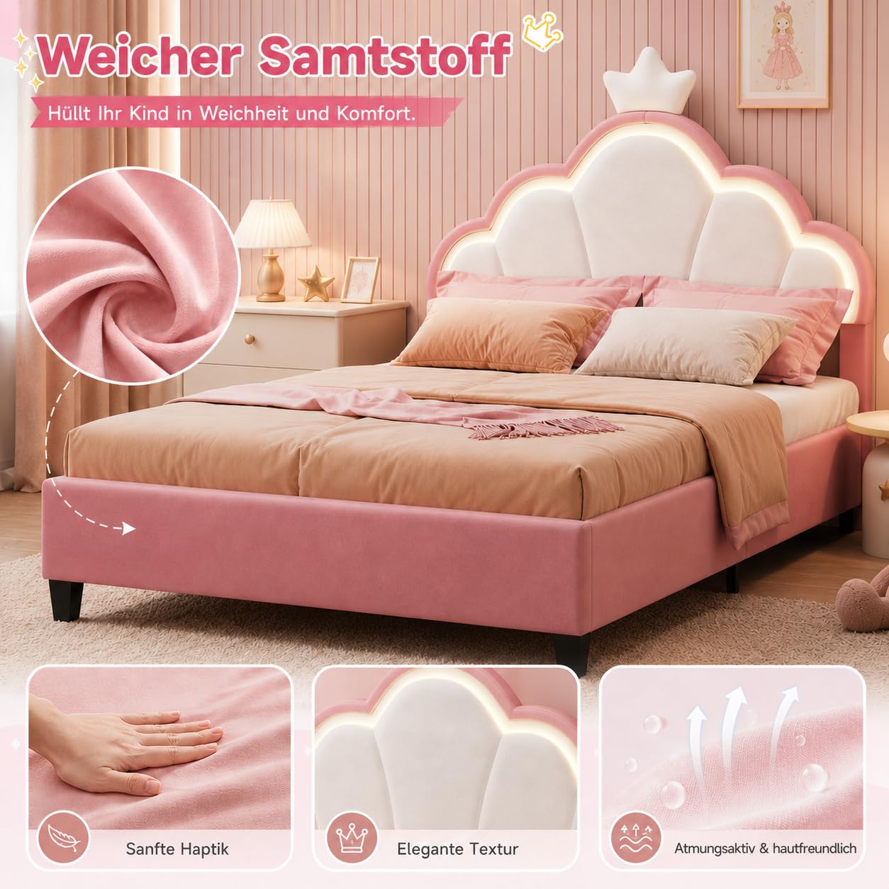 Letto per bambini imbottito 140 x 190 cm, letto matrimoniale a LED per ragazza, telaio letto con testiera regolabile in altezza a forma di corona e rete a doghe, letto da bambina giovane in velluto
