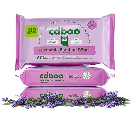 Caboo Toallitas desechables de lavanda | Toallitas desechables certificadas, seguras para sépticas, libres de químicos, biodegradables para adultos