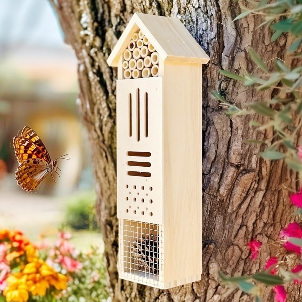 Hanging Bee House & Tall Insect House Garden Set – Wooden Outdoor Habitat Décor for Garden, Yard, and Patio
