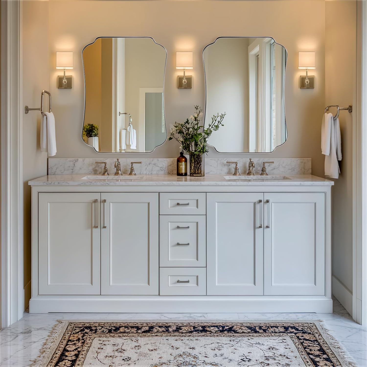 ANDY STAR 24"x36" Brushed Nickel Mirror, Scalloped Bathroom Wall Mirror with Metal Frame for Vanity, Vintage Notched Edges Design Ideal for Entryway, Living Room & Bedroom Decor