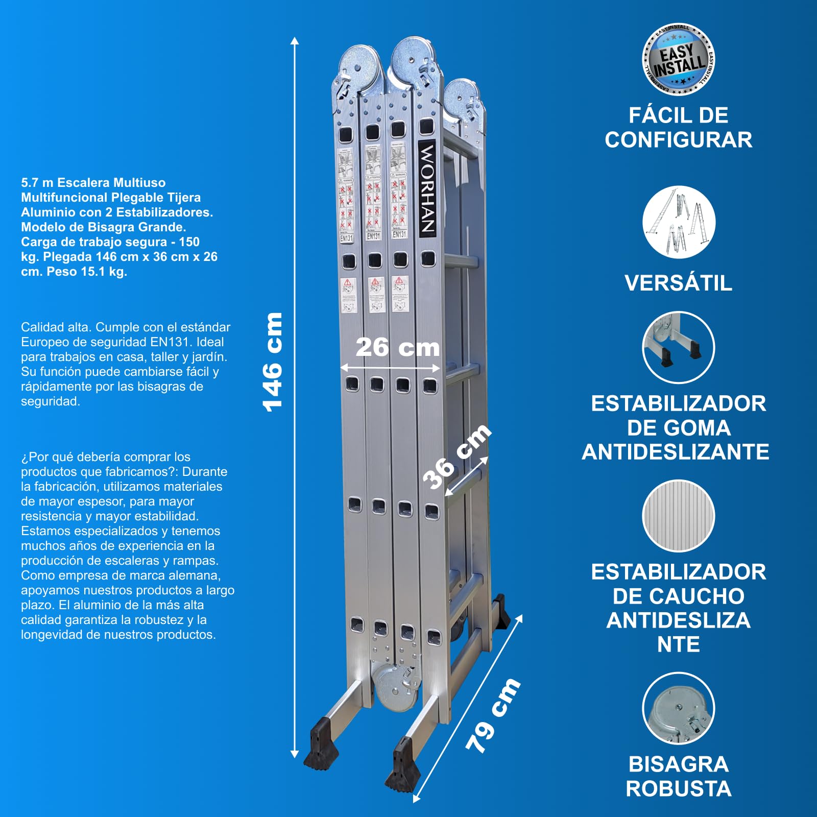 5.7m Escalera Multiuso Multifuncional Plegable 570cm Tijera Bisagra Grande Aluminio con 2 Estabilizadores Nueva Generación Calidad Alta KS5.7