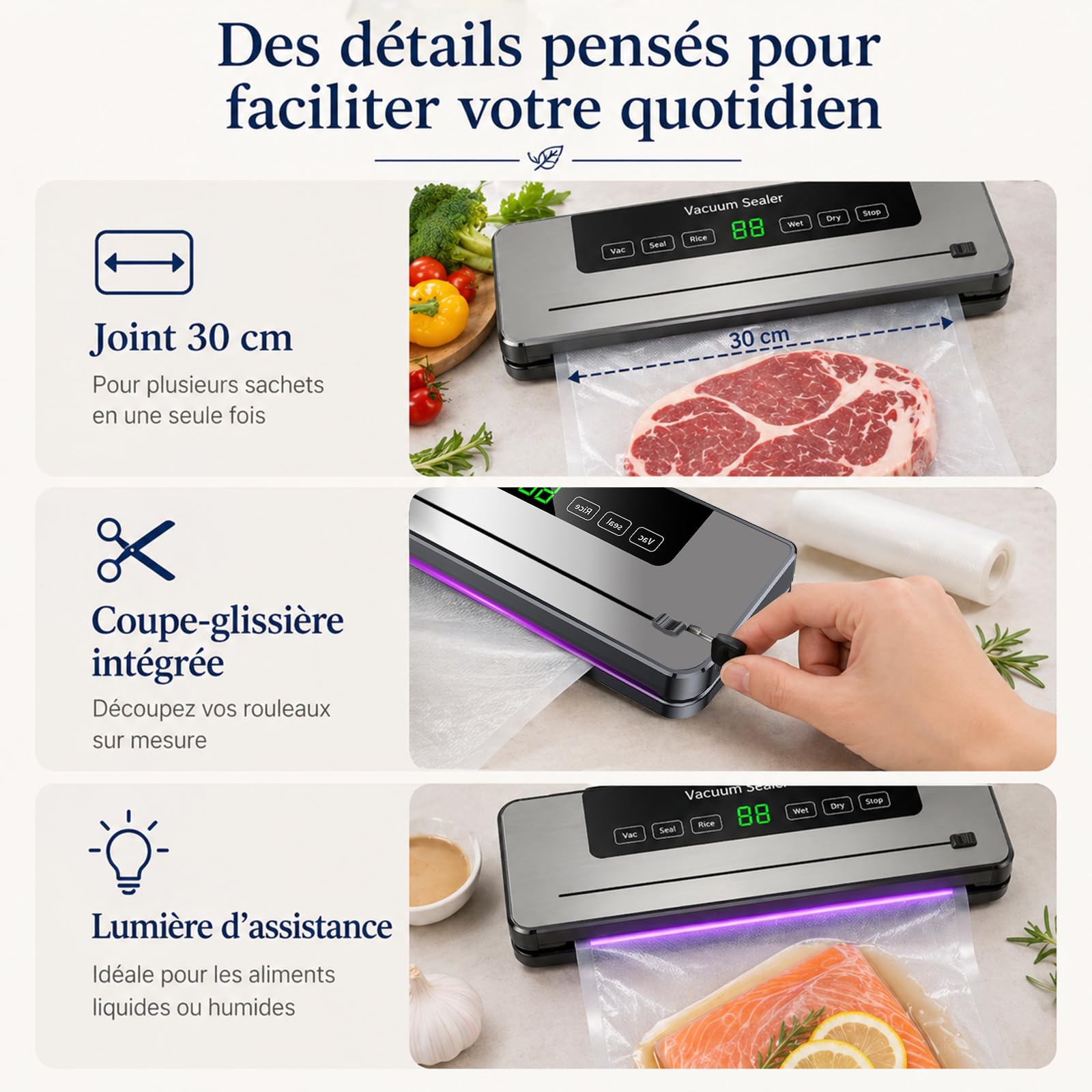 Machine Sous Vide Alimentaire, Avec 50 Sacs Sous Vide, Appareils de Mise Sous Vide Multifonction 5 en 1, Avec Mode Humide et sec pour Stockage de Fruits, Légumes, Pain, Viande, etc.