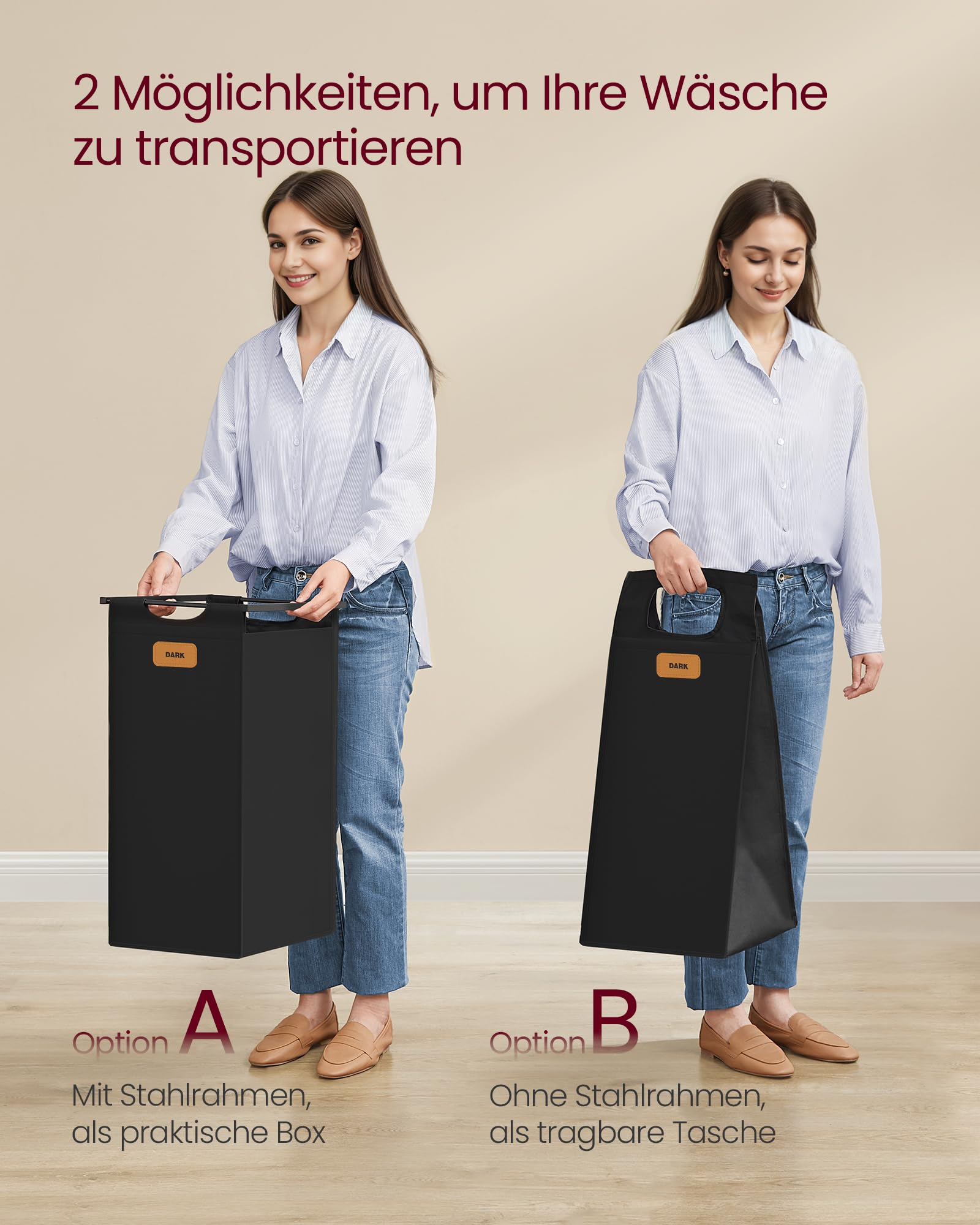 VASAGLE Wäschesammler mit Rollen, Wäschekorb 4 Fächer, 150 L, Wäschesortierer mit Ablage, Wäschewagen, abnehmbare Taschen, 6 Etiketten, Waschküche, tintenschwarz-kastanienbraun RLS100B01