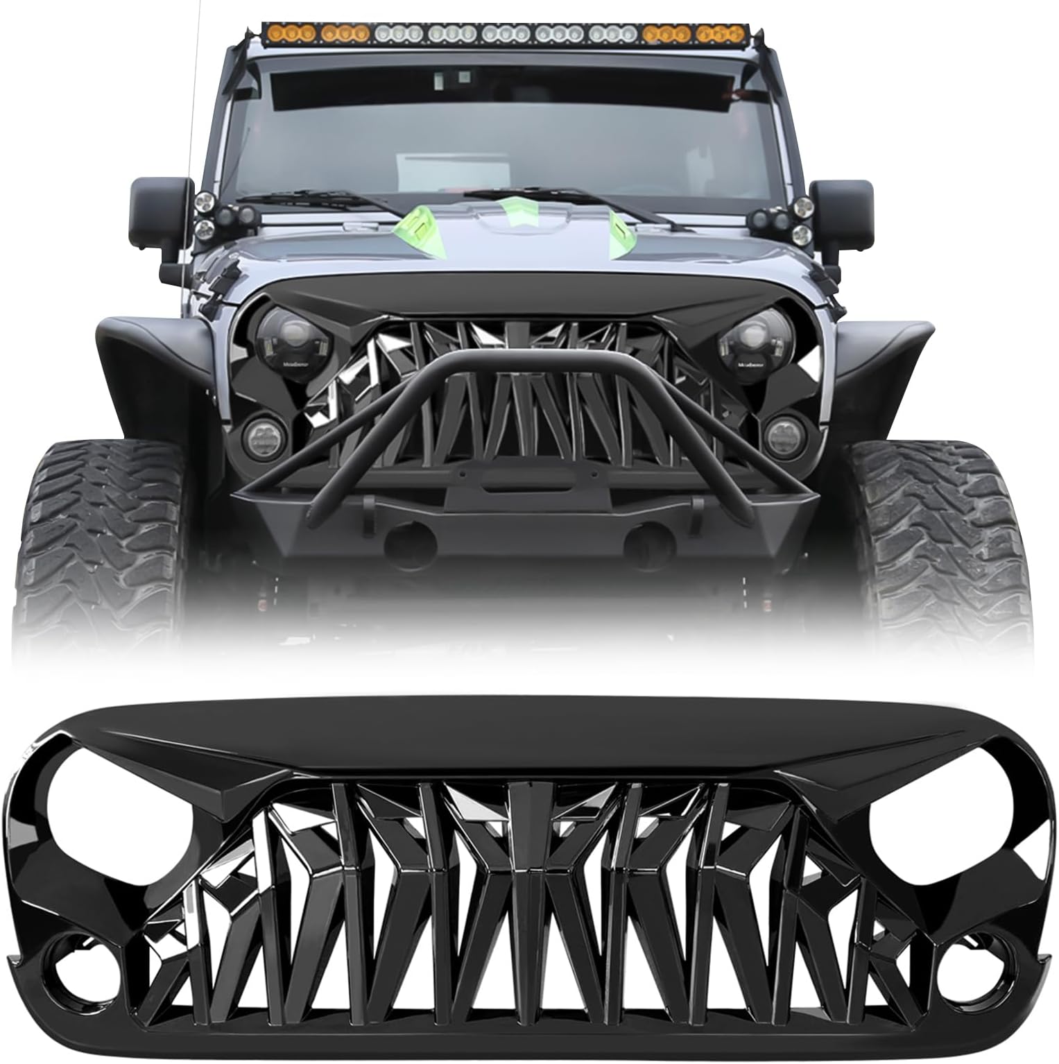 Front Grill Shark Grille Compatible with 2007-2018 Jeep Wrangler Rubicon Sahara Sport JK JKU, Glossy Black