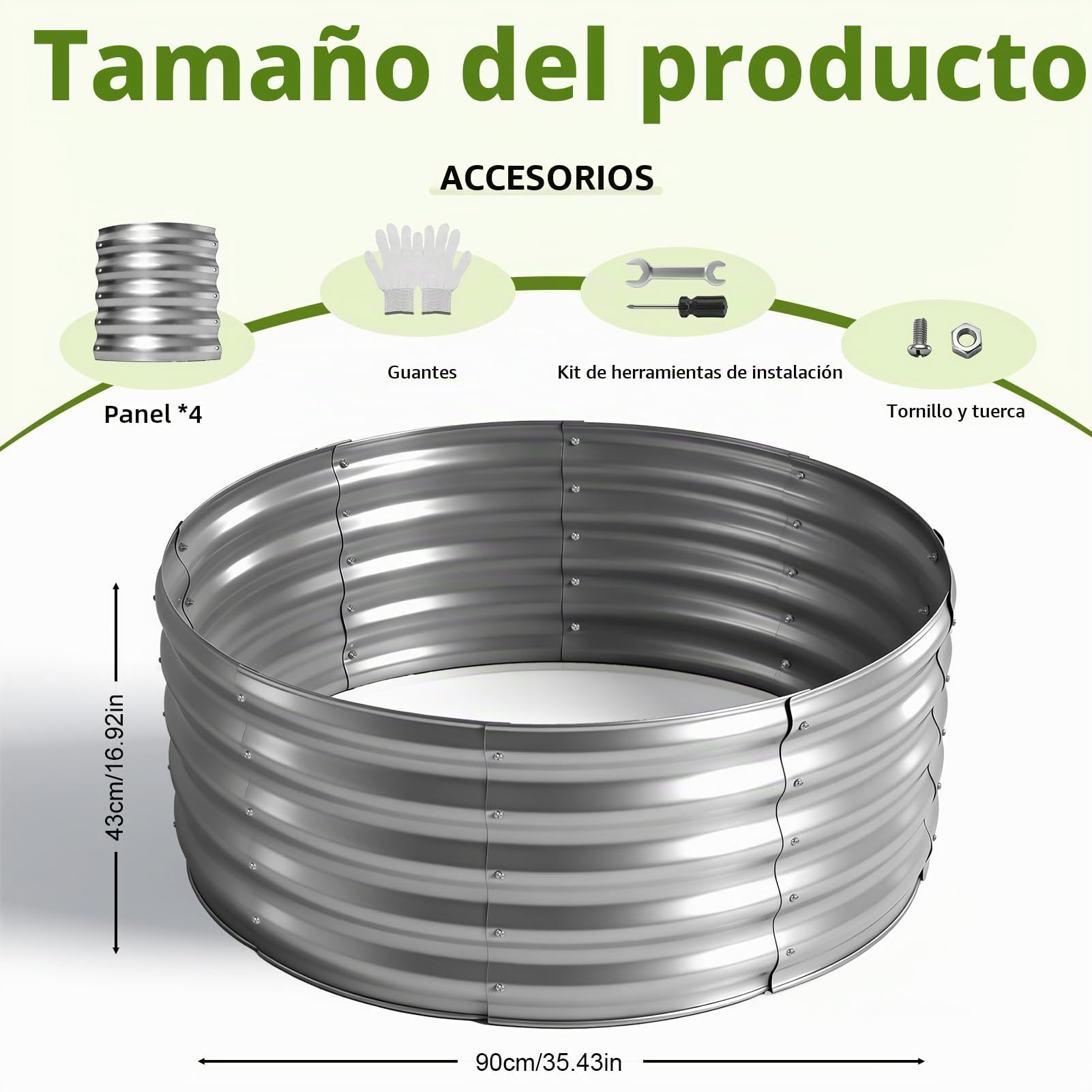 Bancal de jardín de Metal 90 x 90 x 43 cm, bancales elevados de Acero galvanizado para el jardín, bancal de huerto, bancal Elevado para Verduras, Hierbas, Flores, Plateado, Redondo