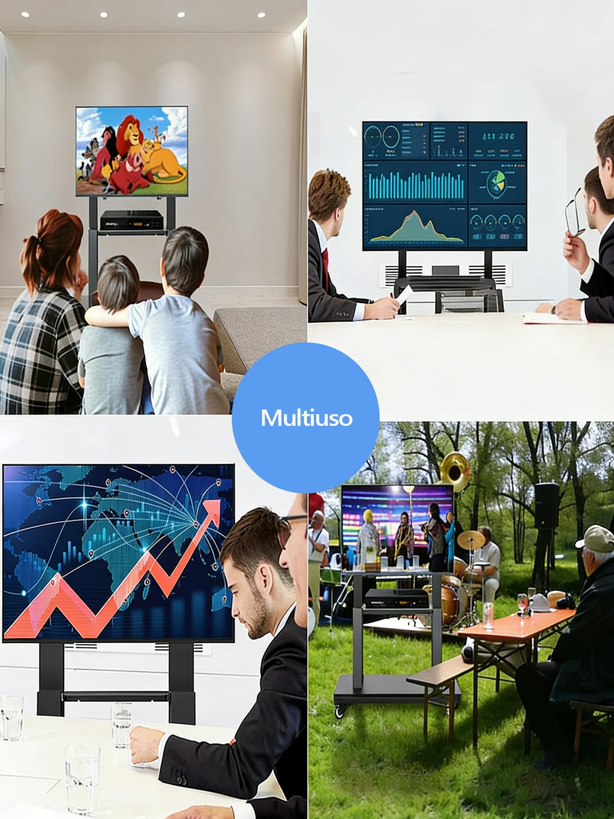 Hellsehen Supporto TV mobile, carrello TV rotabile su ruote regolabile in altezza, robusto supporto da pavimento per schermi piatti LCD LED OLED da 32 a 190,5 cm, lavagna interattiva mobile, capacità