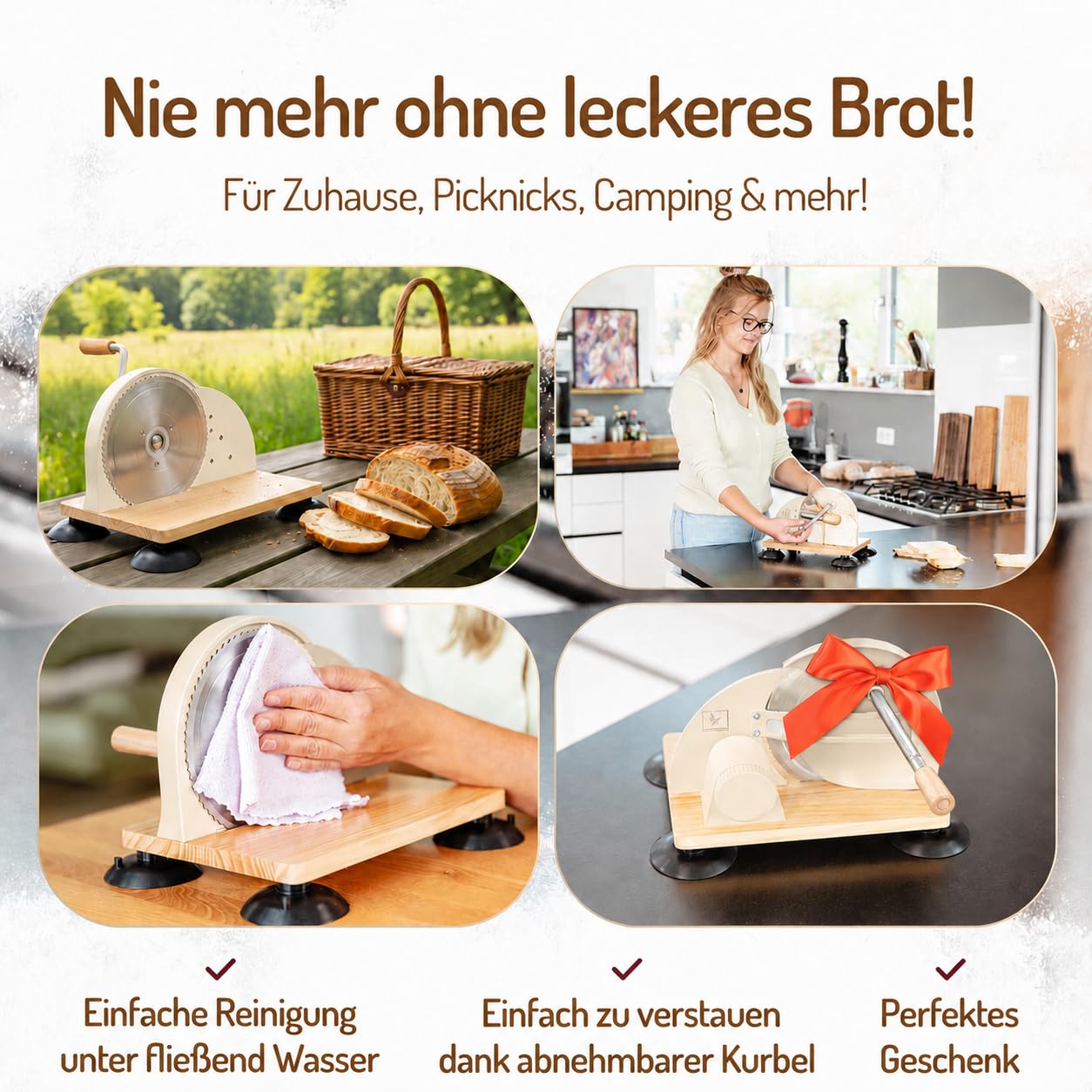 Brotschneidemaschine manuell – Hochwertiger Edelstahl Allesschneider mit Kurbel & Holzbrett | Präziser Schnitt, Retro-Design, rutschfeste Saugfüße für Brotliebhaber | Beige