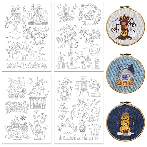 Peacoblue Water Soluble Embroidery Patterns for Beginners, Halloween Castle Pumpkin
