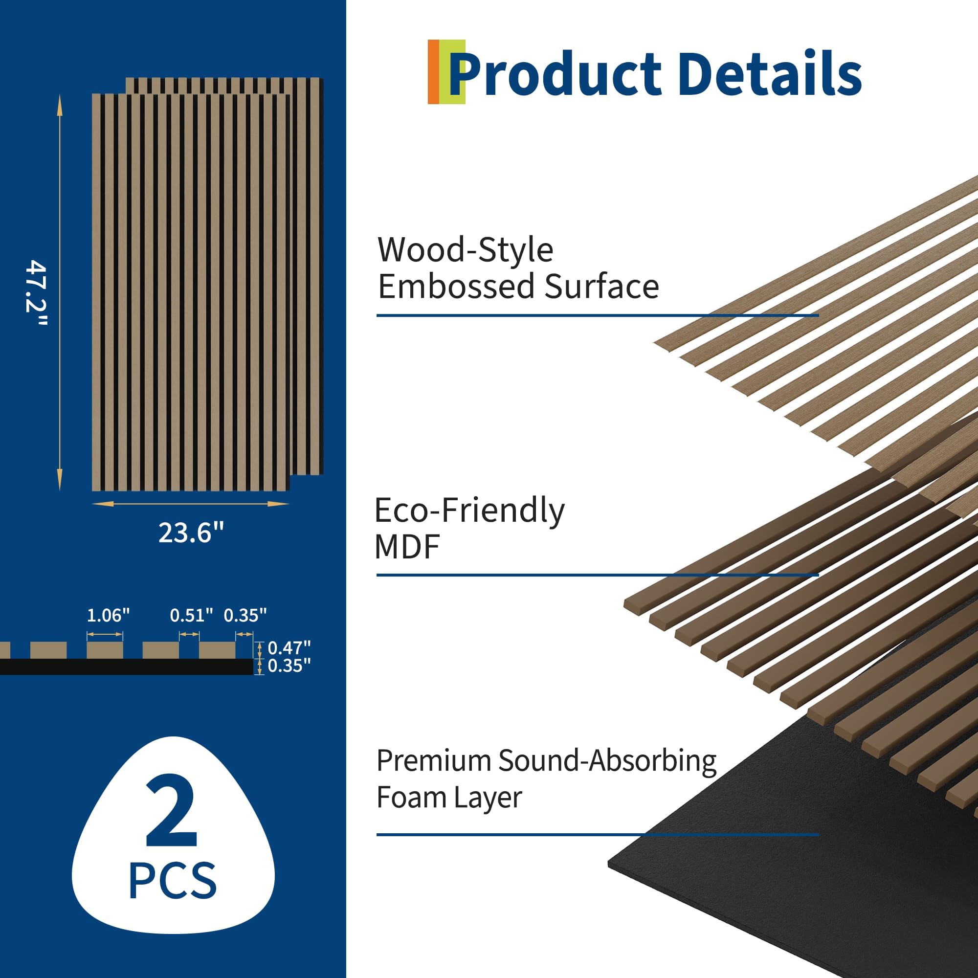 Garvee Lot de 2 panneaux acoustiques à lattes en bois | pour mur et plafond, panneaux insonorisants cannelés 3D avec finition bois, 120 x 60 cm