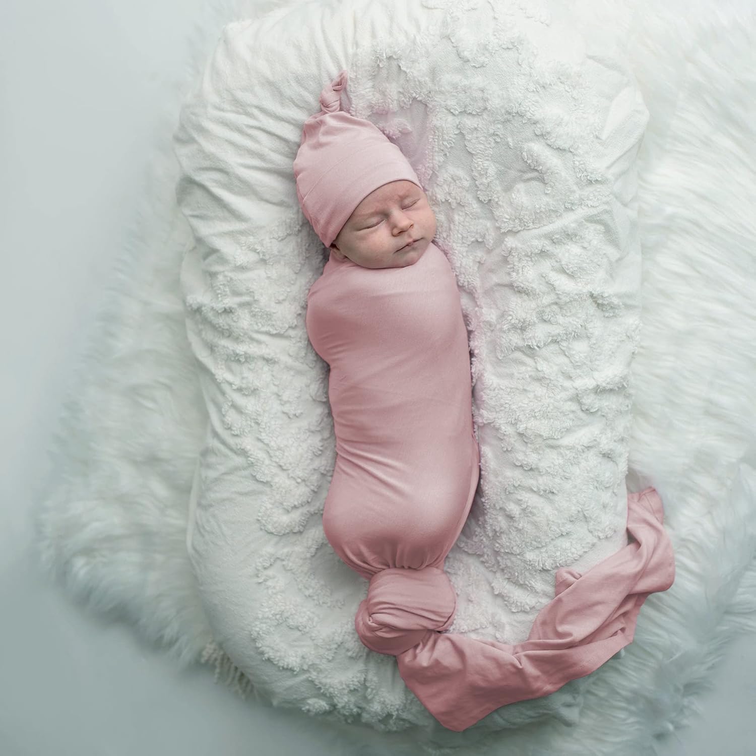 Large Jersey Knitted Swaddle Blanket for Baby, Soft Stretchy Receiving Blanket for Newborns with Hat, Large 47 x 47 inches (Rose)