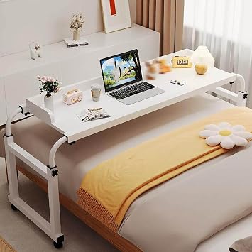 Over Bed Table, Side Tables for Living Room, Bed Computer Desks with Wheels, 45.28-82.68 inches, Long Adjustable Mobile Bedside Table, Care Aid, Bed Tables White