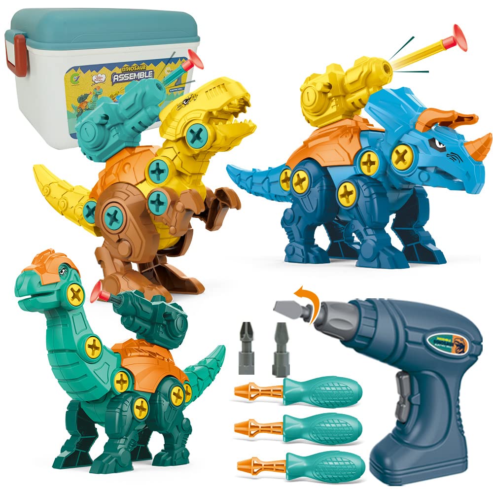 E EAKSON Take-Apart Dinosaur Toys for Kids Ages 3-8, STEM Construction Building Set with Electric Drill, Fun Party, Christmas, Birthday Gifts for Boys and Girls