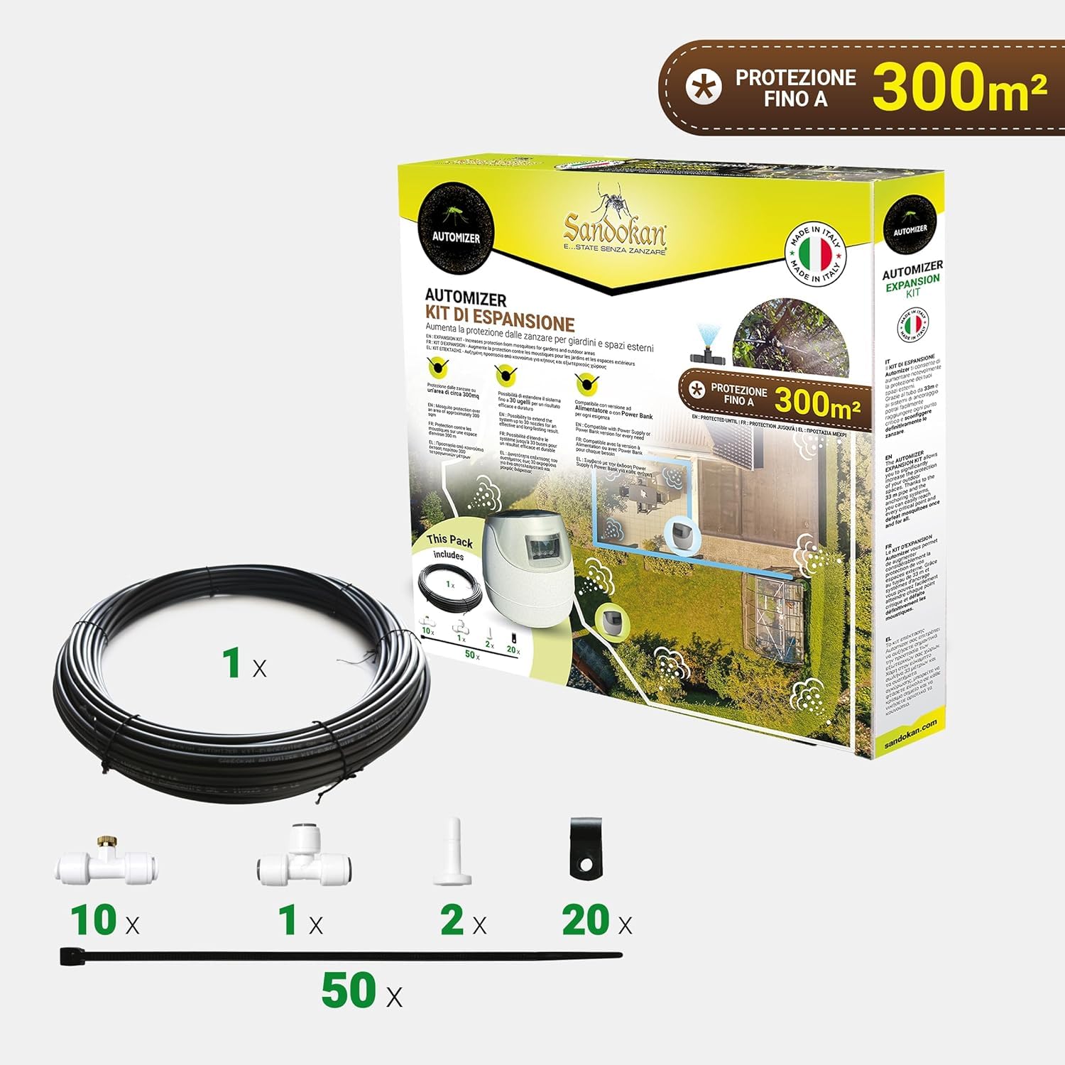 Sandokan, Kit Espansione per Automizer, Set Aggiuntivo con 10 Ugelli Nebulizzatori in Ottone e 33 Metri Tubo – Accessorio per Sistema Antizanzare Automatico Estensione Copertura +300mq Made in Italy