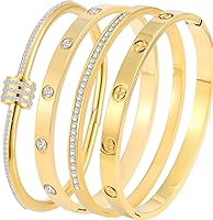 Camhanno Stainless Steel Bangle Bracelet Set for Women - Silver Gold Non-Tarnish with Crystal Inlay, Stackable Love Gift Jewelry