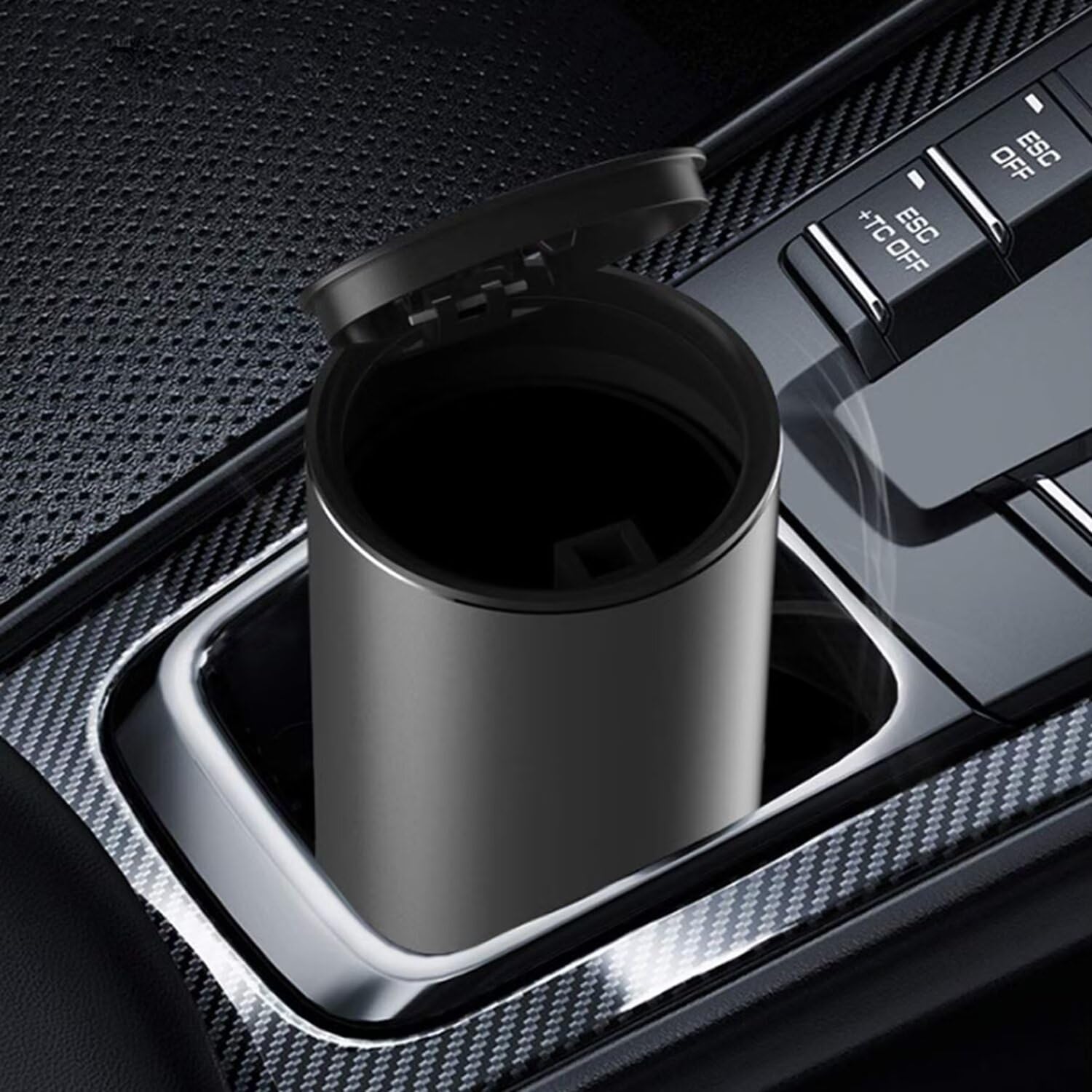 KOOMTOOM Pattumiera Mini Car Portabicchieri in Lega, 300ml Smontabile Pattumiera Spazzatura con Coperchio a Prova di Perdite per Auto Universale (Grigio Scuro)