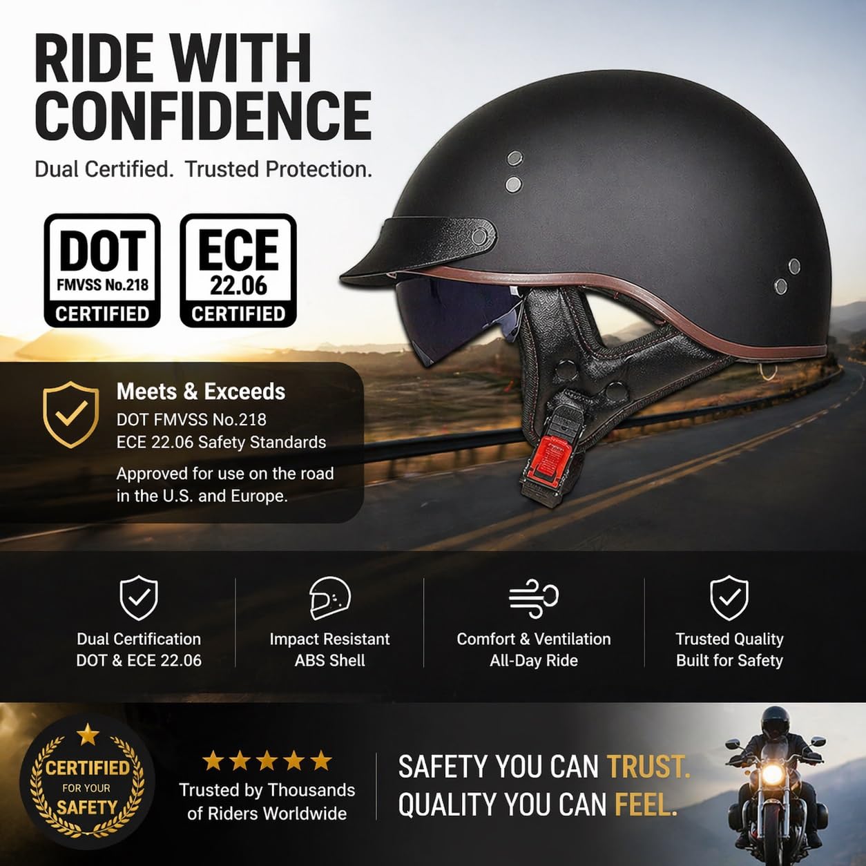 Caschi Cromwell Vintage Casco Aperto For Moto Retrò - Mezzo Casco Omologato ECE DOT Con Visiera Resistente Ai Raggi UV, Vestibilità Regolabile, Design Aerodinamico
