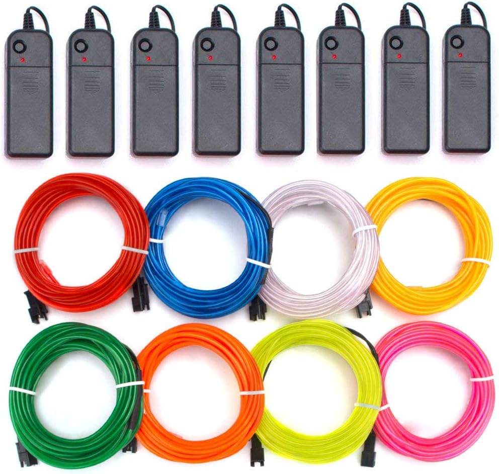 EL Wire Kit Pack of 8 - Blue Red White Green Pink Lemon Green Yellow Orange EL Wire Neon Rope Lights, Portable Battery Operated with 3 Mode for Halloween Christmas Party DIY Decoration (Multi-Colors)