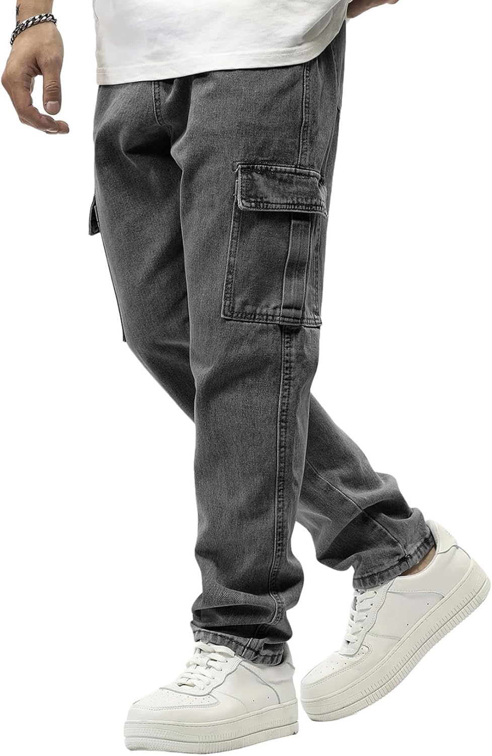 JMIERR Men's Elastic Waist Cargo Jeans Stretch Denim Pants with Drawstring Relaxed Fit for Casual Daily Wear