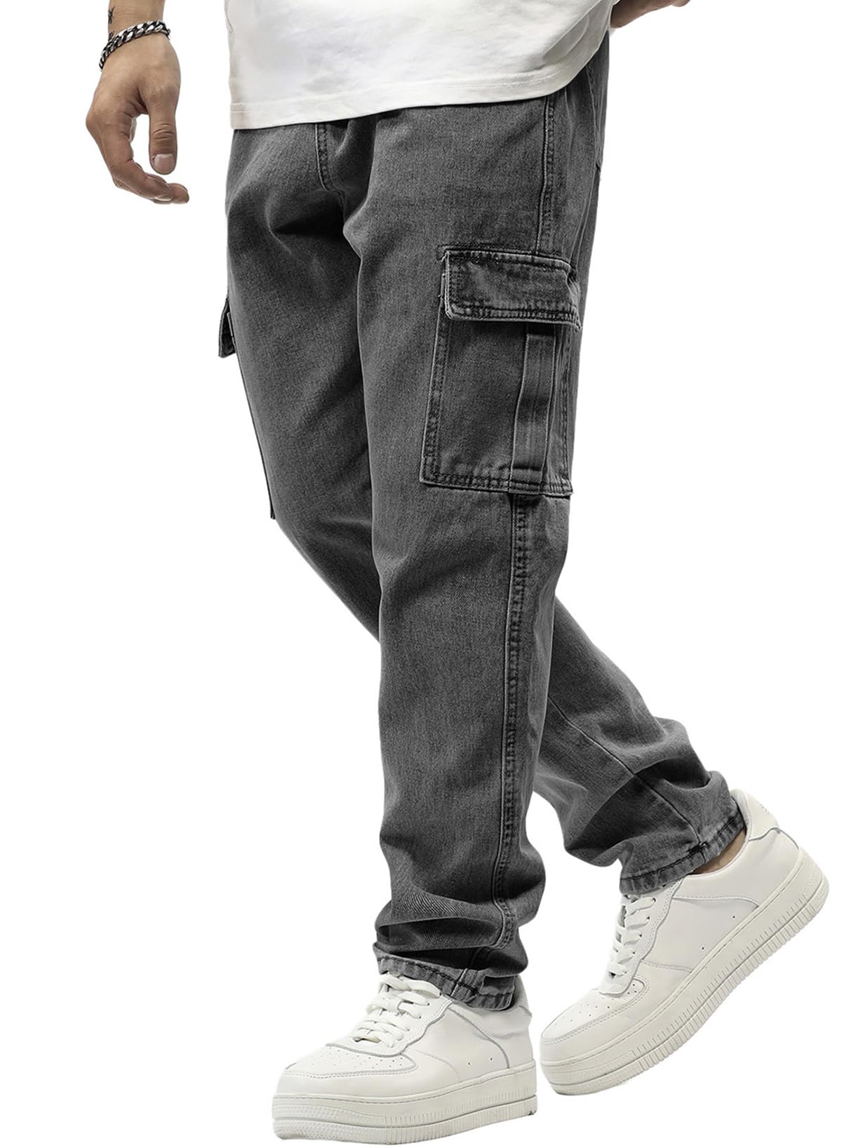 JMIERR Mens Elastic Waist Cargo Jeans Stretch Denim Pants with Drawstring Relaxed Fit for Casual Daily Wear