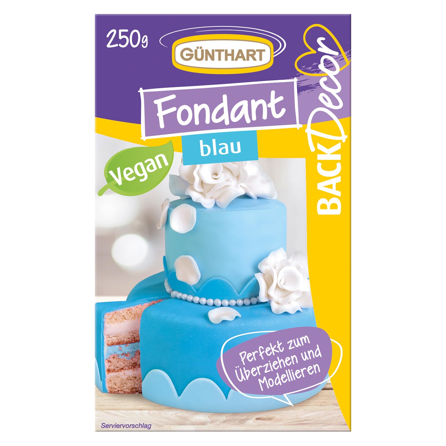 Günthart BackDecor 250 gr blau Fondant, 100% Vegan, Palmölfrei, Reißfest zum überziehen von Torten und Kuchen, zum Modellieren geeignet, 1er Pack (1 x 250 g)