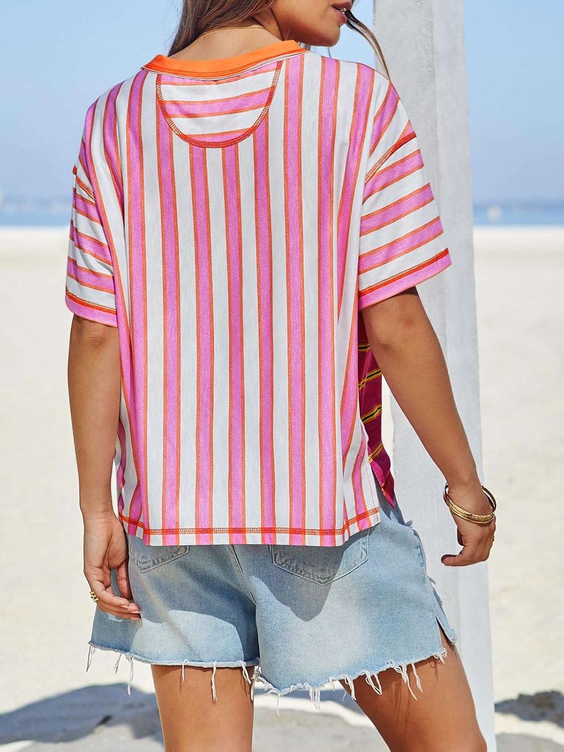 Tankaneo Womens Summer Striped Shirts Casual Color Block Short Sleeve Tops Loose Fit Crew Neck Tees - Image 6