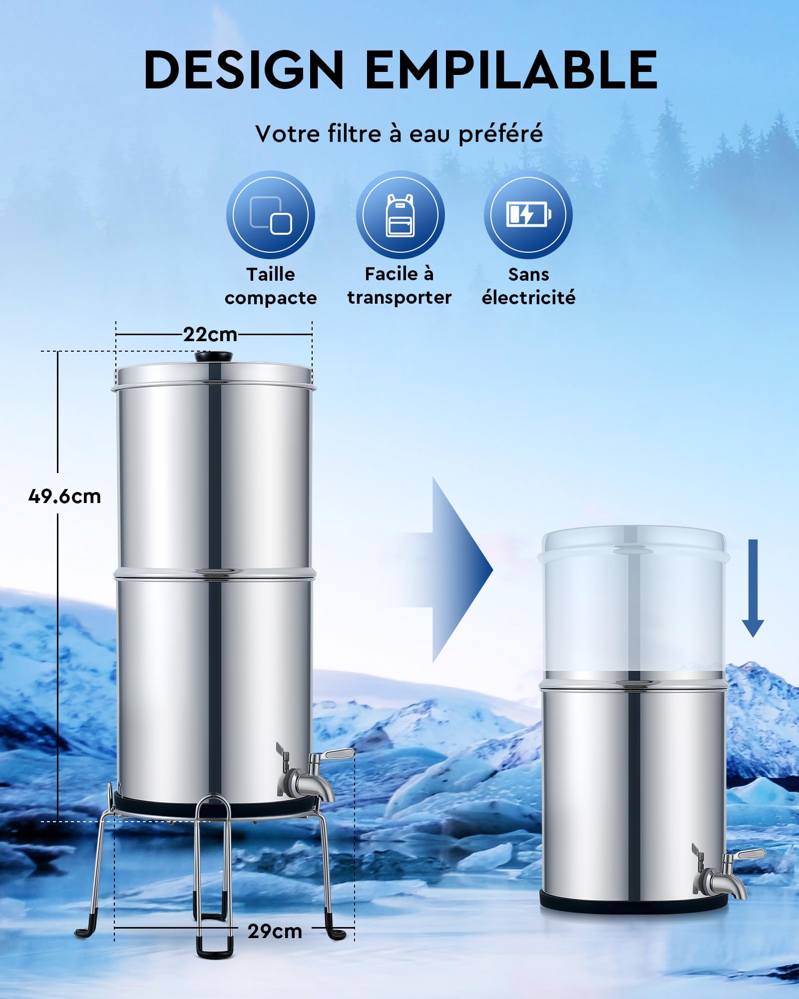 CO-Z 8,5L Système de Filtration d'Eau par Gravité en Acier Inoxydable 304 Purificateur d'Eau avec 2 Filtres à Carbone Robinet d'Eau Support Inclus, Certification NSF/ANSI 42