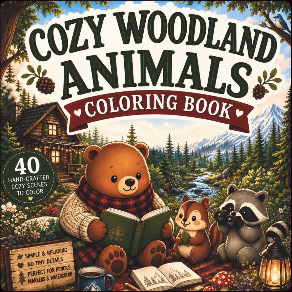 Cozy Woodland Animals Coloring Book: Bold & Easy Simple Scenes for Adults - Cute Bears, Forest Creatures, Stress Relief & Relaxation
