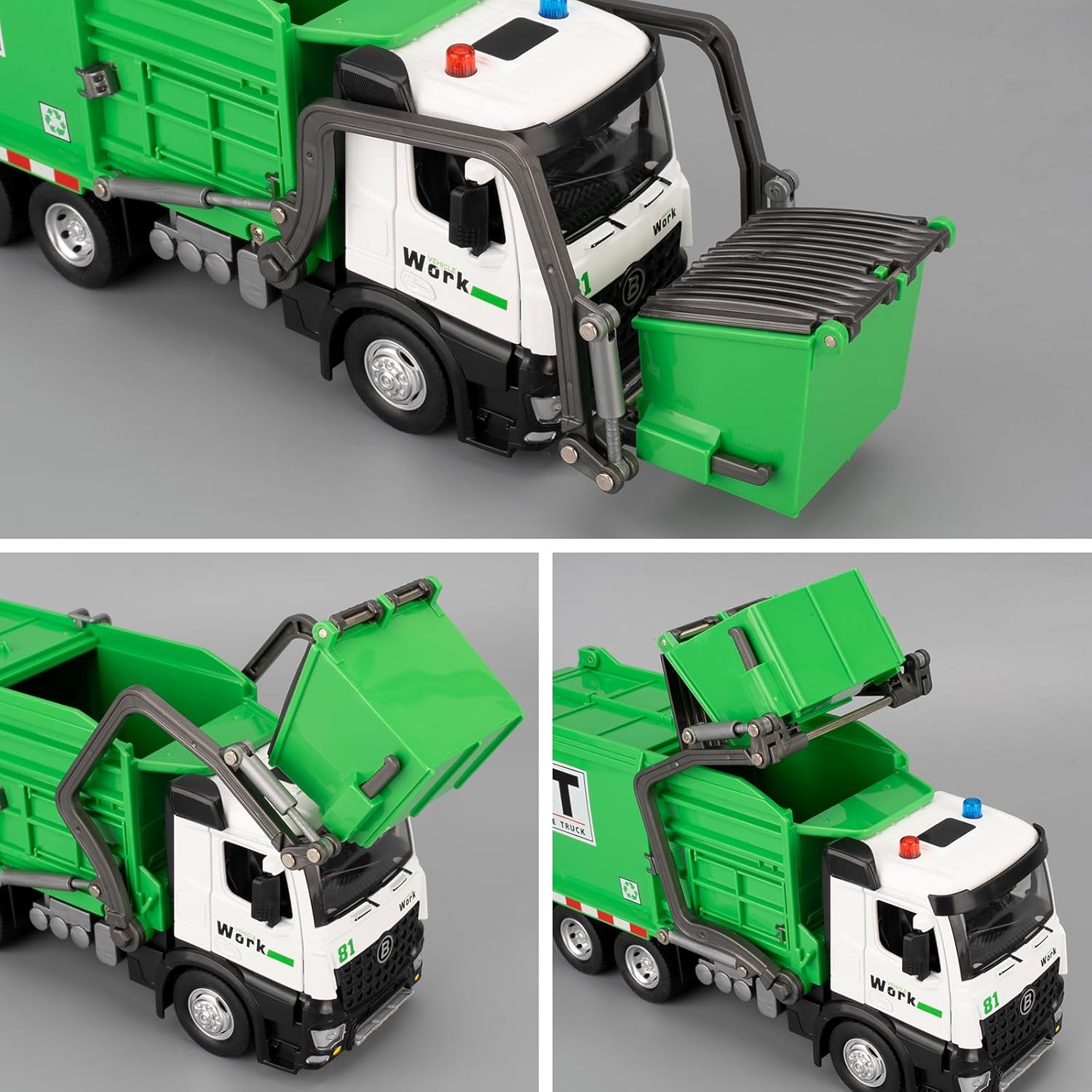 Garbage Truck Toys for Kids, Pull Back Big Green Car Toy with Lights and Sounds, Educational Trash Truck Toy Vehicle with 4 Trash Cans and Sorting Cards Gift for Kids
