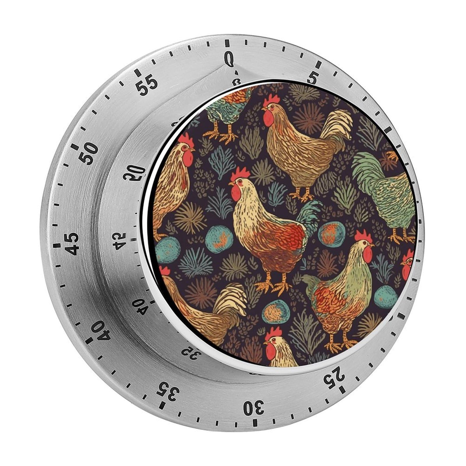 Mechanical Kitchen Timer with Magnetic Back, Stainless Steel Manual Chicken Print Printed Timer for Cooking and Time Management