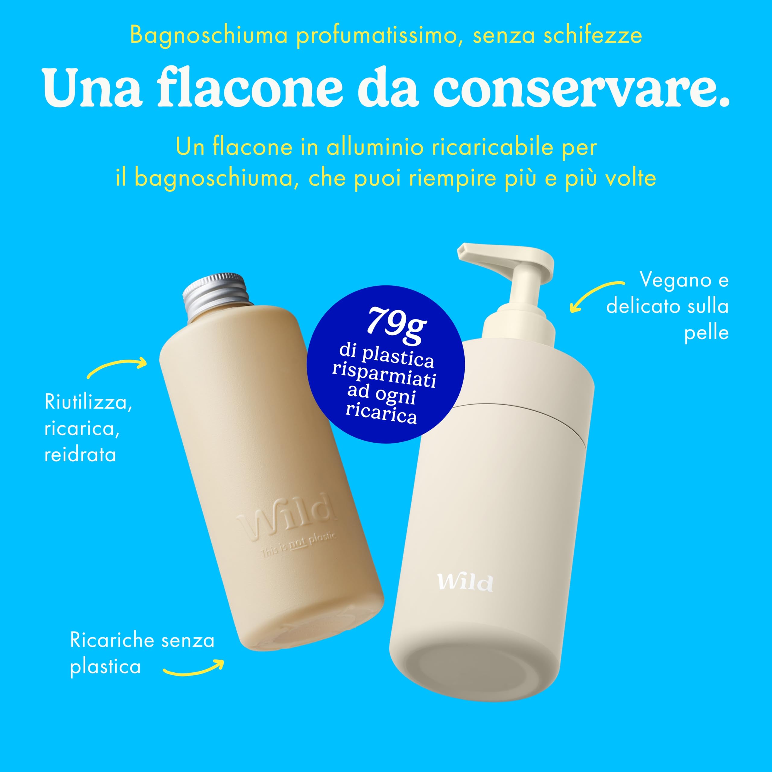 Starter pack con bagnoschiuma ricaricabile Wild - flacone in alluminio Avorio e 3 ricariche di gel doccia in diverse fragranze: Coconut & Vanilla, Honey & Almond e Amber & Oud - naturale al 95%