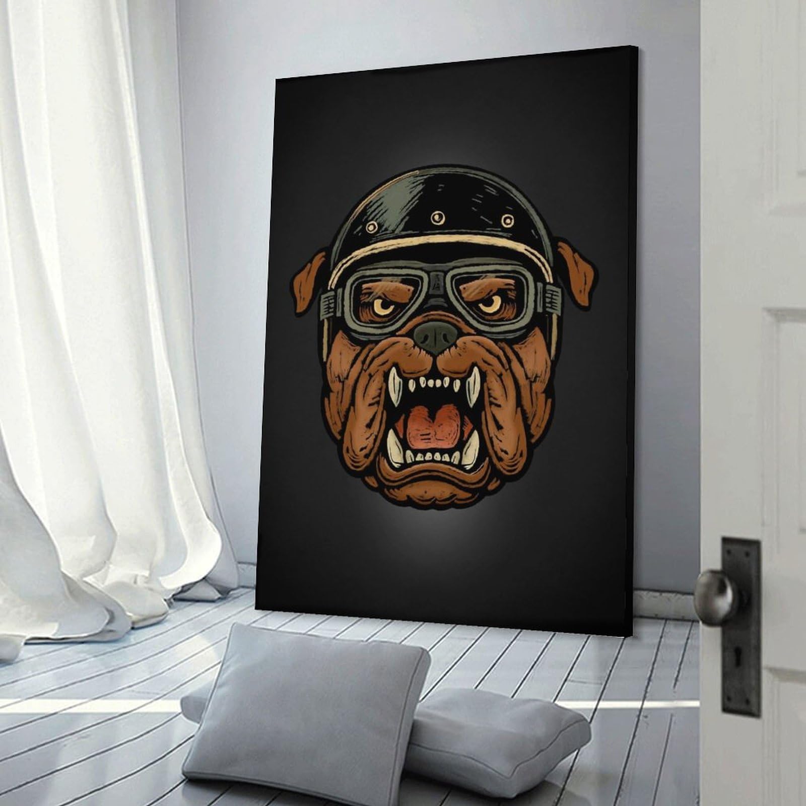 Junmoney Bulldog Biker Room Decor Wall Art, 20x30inch(50x75cm), for Home, Office, Studio Or Guest Room, Canvas Wall Art That Fits Changing Layouts