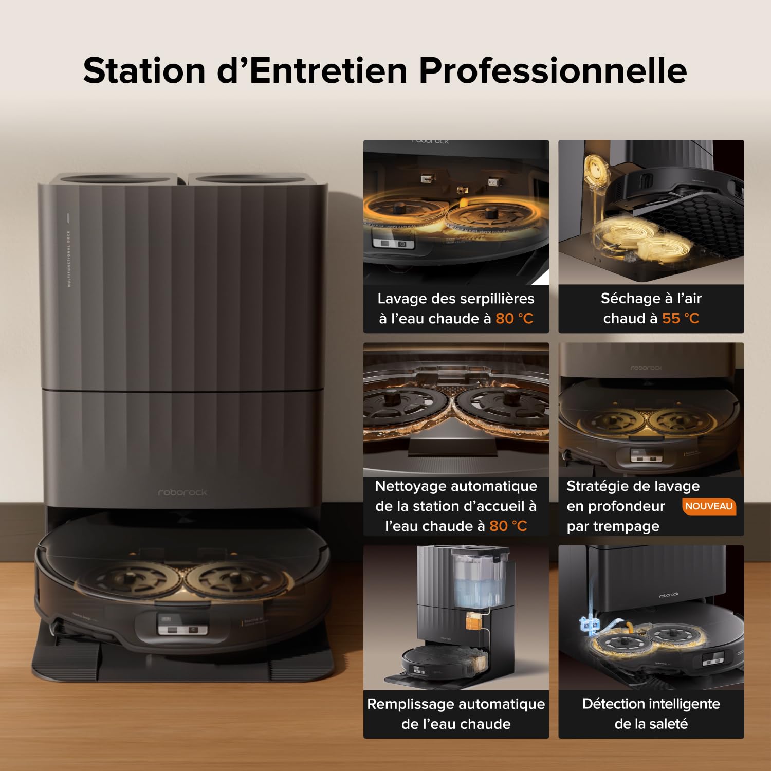 roborock Qrevo Edge 2 Set Robot Aspirateur Laveur, 25 000 Pa, Lavage des Serpillières à l'eau Chaude à 80°C, Évite 280+ Obstacles, Système Anti-enchevêtrement, 7,98cm Mince,Technologie FlexiArm, Noir