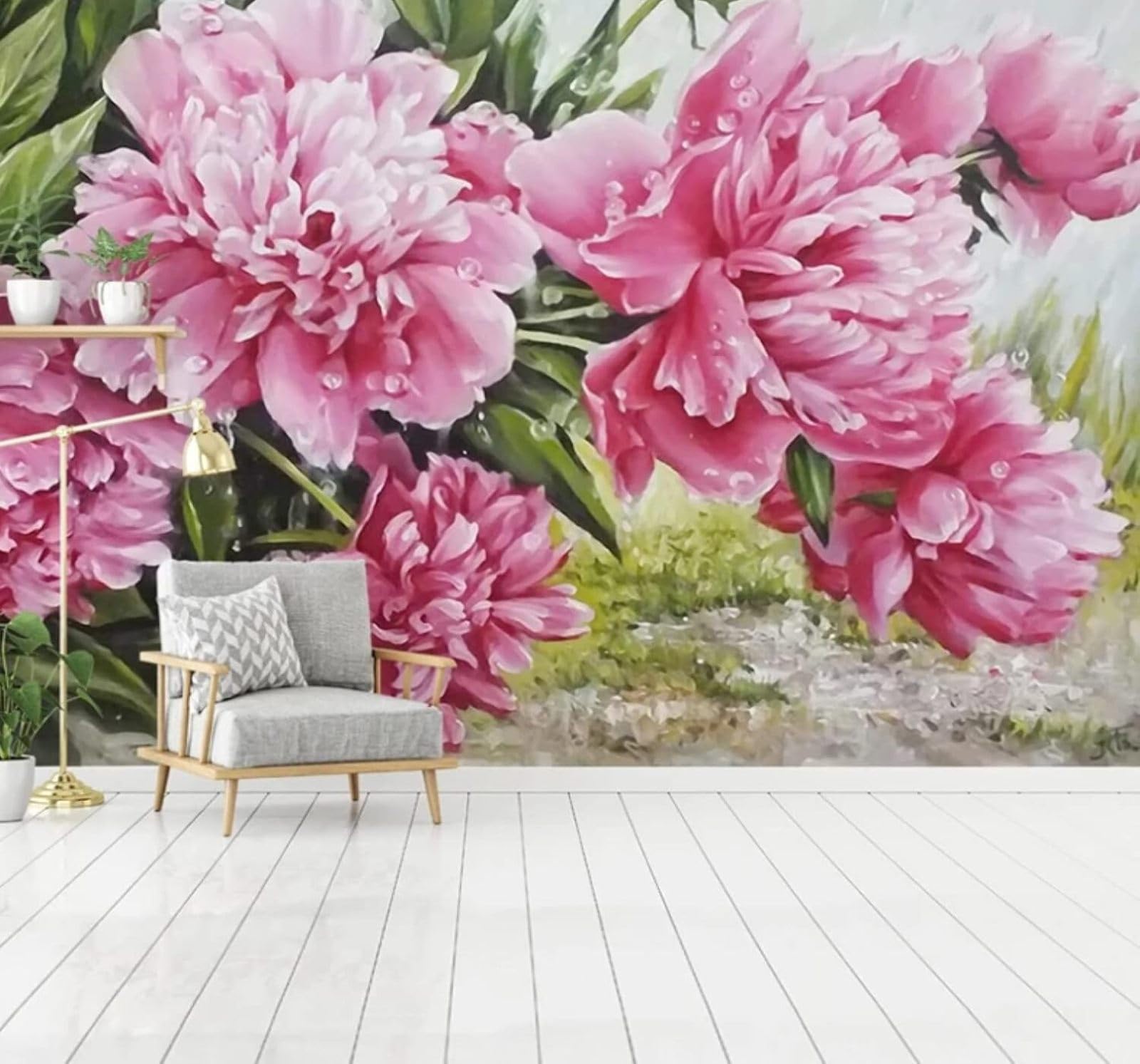 XLMING Hand Painted Beautiful Pink Peony Water Droplets 3D Wallpaper Luxury Home Dining Decor Paste Sofa Living Room The Wall for Bedroom Mural-150cm×105cm