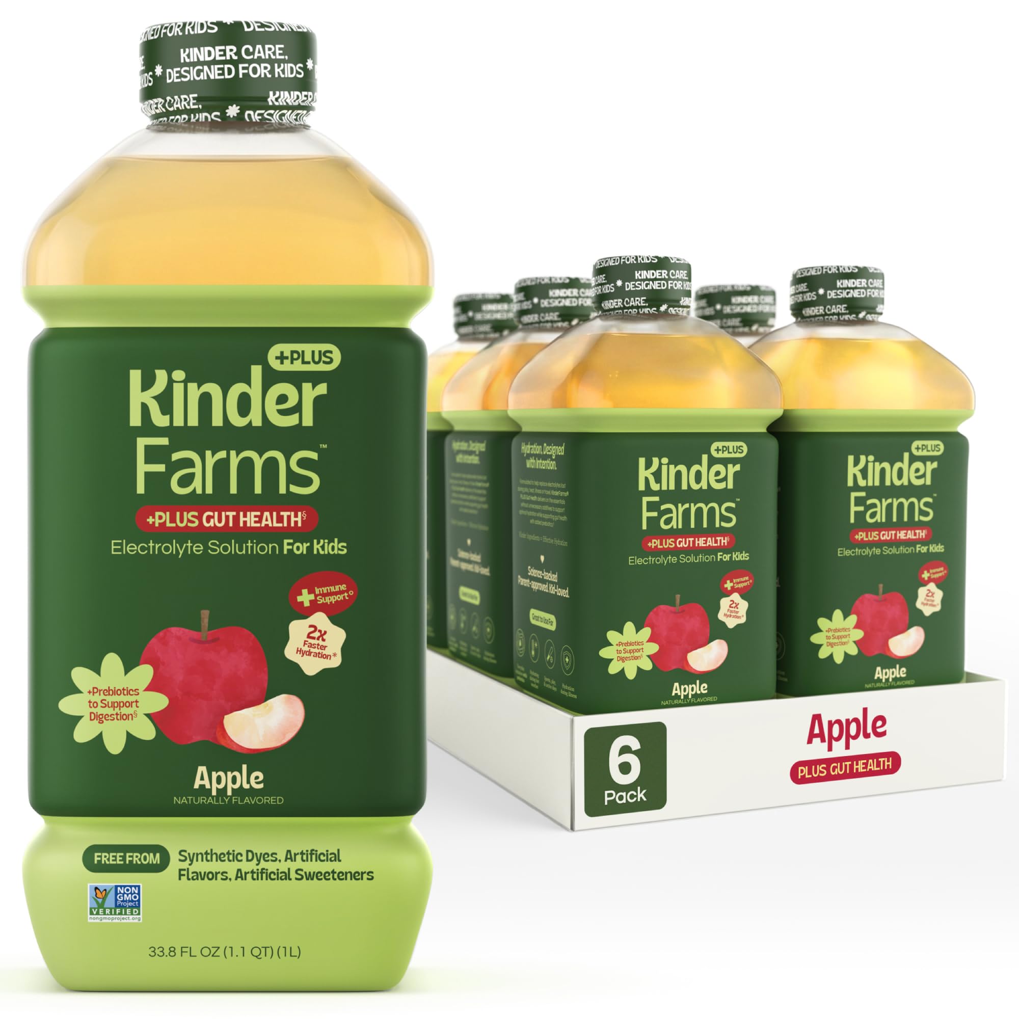 KinderLyte Plus Gut Health 전해질 솔루션 - 애플 (6팩), 어린이 및 성인용 프로바이오틱스가 함유된 하이드레이션 드링크, 인공 감미료 또는 향료 없음, 합성 염료 없음, 비건, GMO 프리, 글루텐 프리