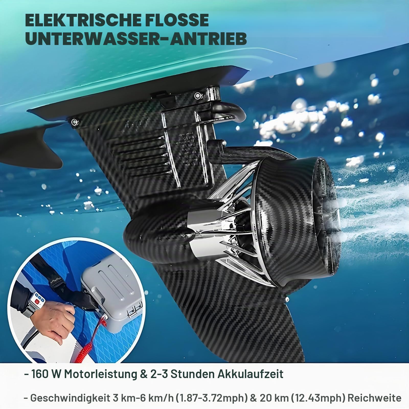 Universal Sup & Kajak Motor Elektrische Finne: 160-W-Thruster-Kit Mit Fernbedienung | 6 Kg Leicht, Geschwindigkeit 3–6 Km, 20 Km Reichweite | Pro Surfboard Unterwasser-Thruster
