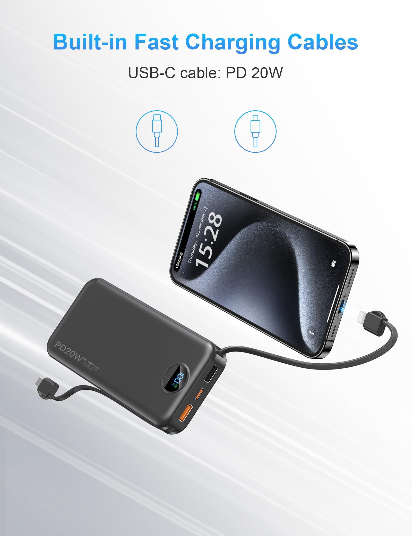 10000mAh batterie externe USB-C charge rapide, Bloc-batterie externe avec câbles intégrés, Affichage numérique, 5 sorties 4 entrées pour iPhone, Android