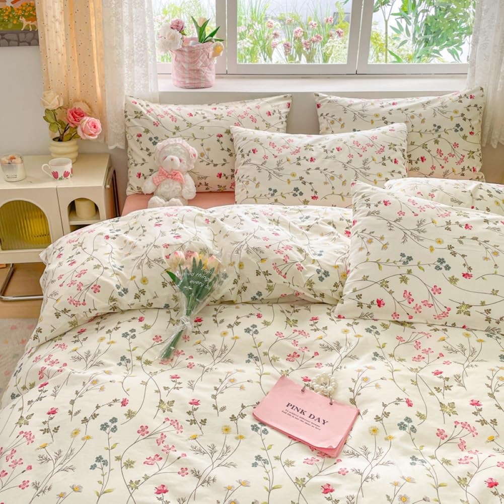 Covebett Cotton Double Duvet Cover White Pink Colourful Floral Flower Bedding Set 3 pcs, Aesthetic Botanical Quilt Cover 200x200 cm Zipper Closure and 2 Pillowcases 50x75 — image 1