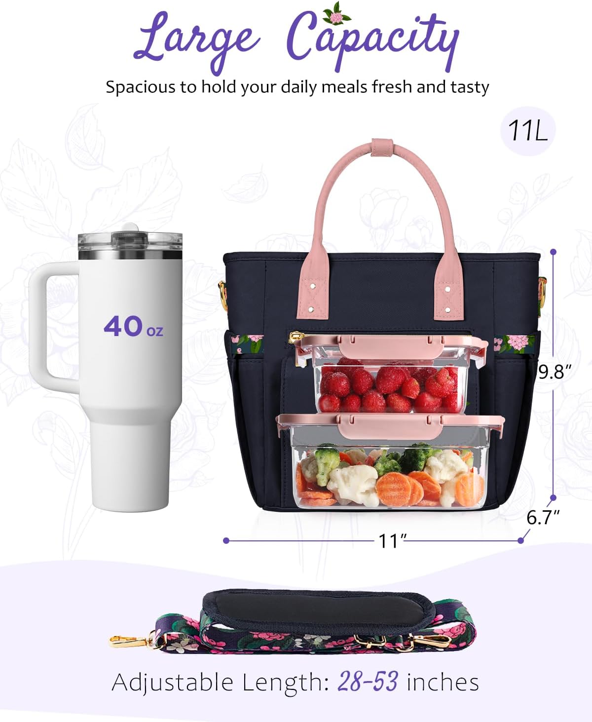 Deluxe Insulated Lunch Box Bag Women - Leakproof Waterproof Cooler with Multi Pockets Removable Strap for Work Picnic - Teacher Mothers Day Christmas Birthday Gifts - Image 5
