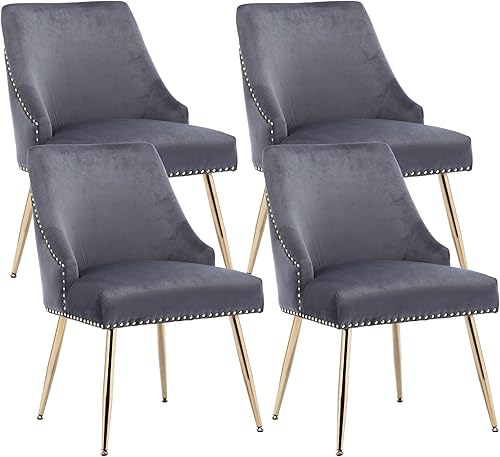Miniatura 20 de KCC Juego de 2 sillas de comedor de terciopelo con respaldo con remaches, tira de anillo de extracción y terminación con patas doradas para cocina y
