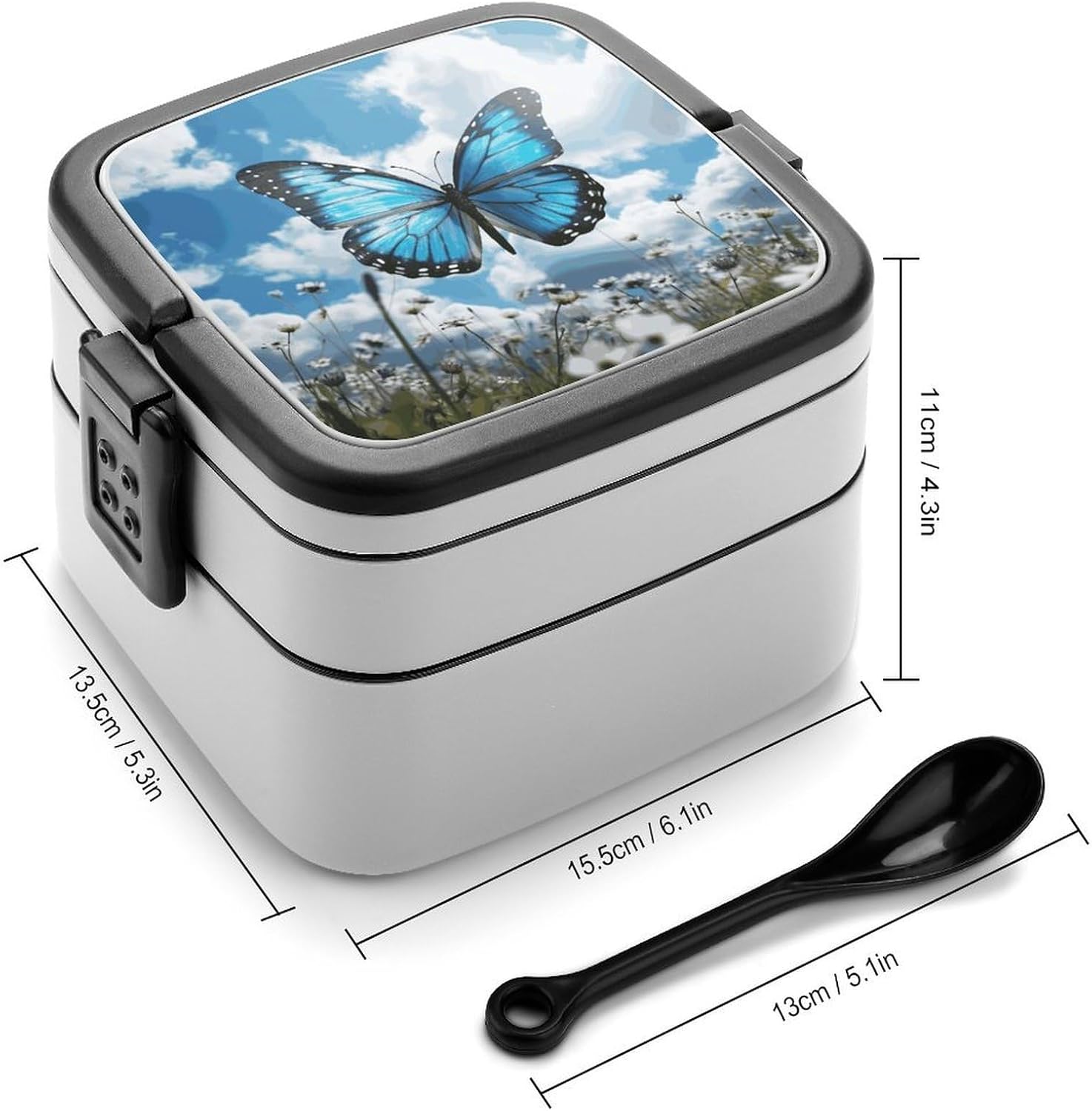 Blue Butterfly And Clouds Bento Box Sealed Leakproof Double Layer Lunch Box Portable Bento Boxes With Handle For Office Camping Travel