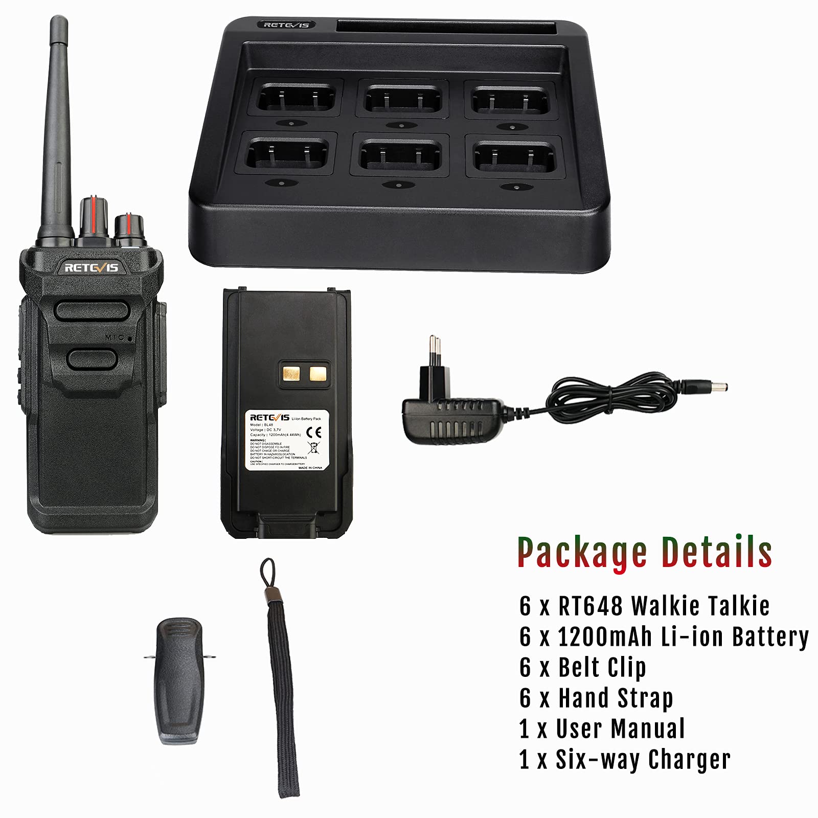Retevis RT648 Walkie Talkie IP67 Wasserdicht, Professionelles Funkgerä | mit 6-Wege Ladegerät, PMR446, VOX, Robustes Walkie Talkie mit Großer Reichweite für Baustelle, Schule (6 Stück, Schwarz