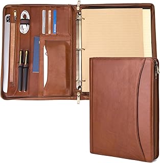 Portfolio aus echtem Leder, 3-Ring-Ordner, Außentasche, Doppelreißverschluss, Business-Leder-Padfolio-Ordner, Organizer, Geschenk für Damen und Herren, braun, ölgegerbt