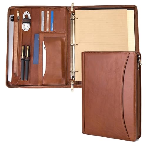3 Ring Binder Genuine Leather Portfolio, Front Pocket, 8.5 x